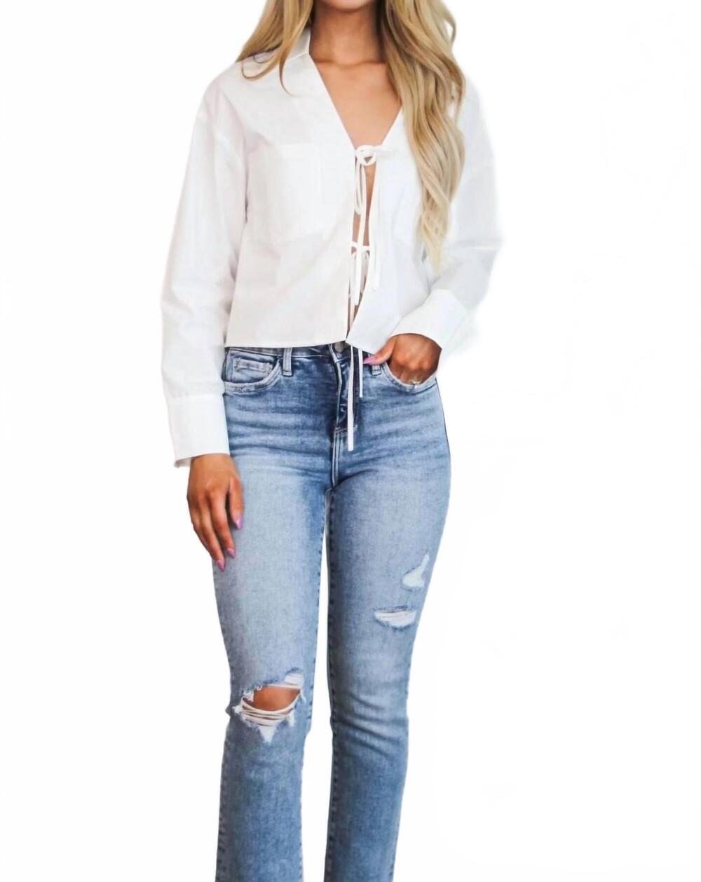 NEW BLUE BLUSH right moment bow tie pocket collared top in white